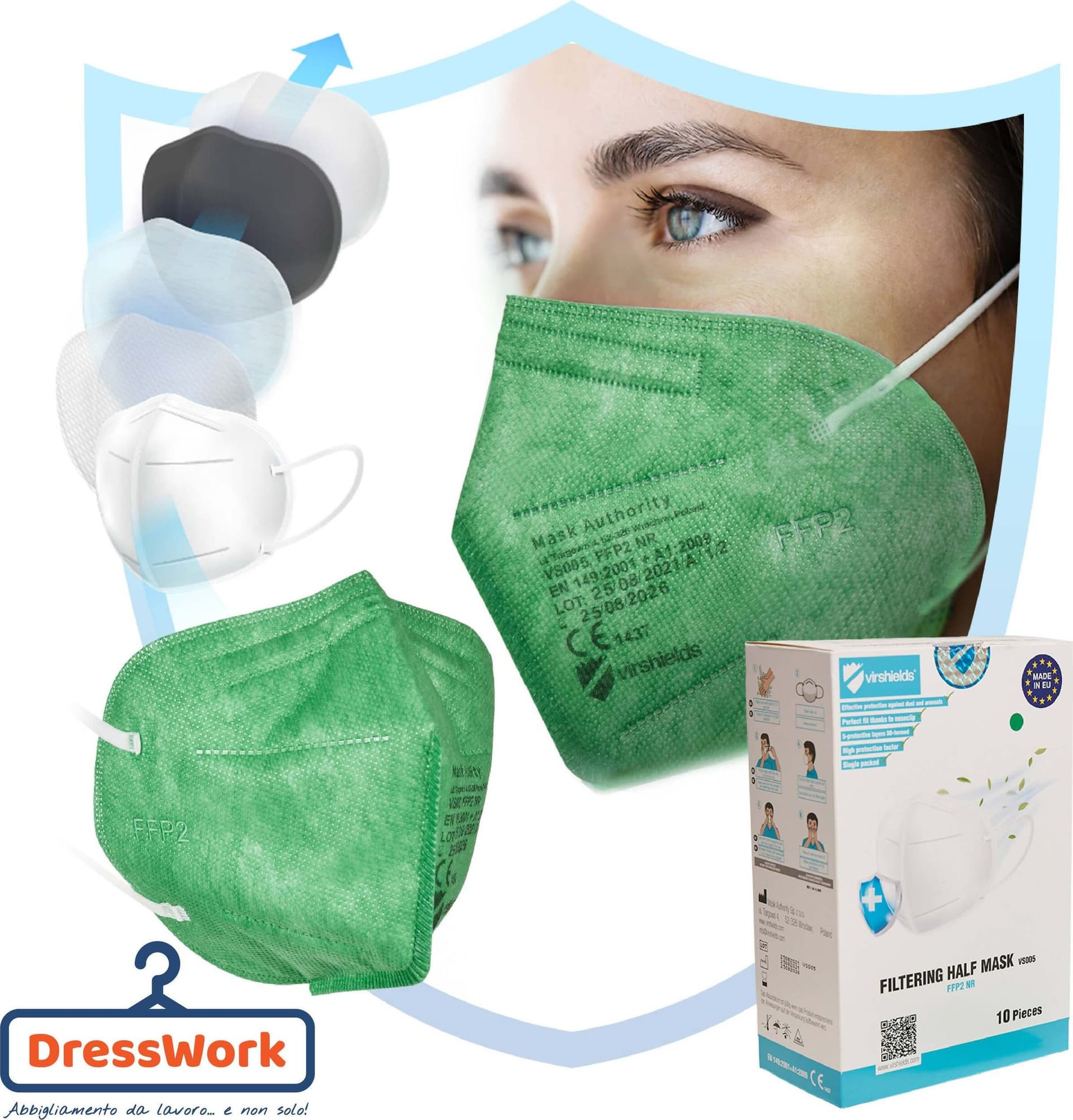 100x Mascherine FFP2 Verdi CE1463 Mascherina FFP2 Prodotta in Europa 5 strati Virshields Certificata colore Verde € 0,59 cad Spedizione Gratuita in Mascherine a coppa Dresswork - Como, commercioVirtuoso.it