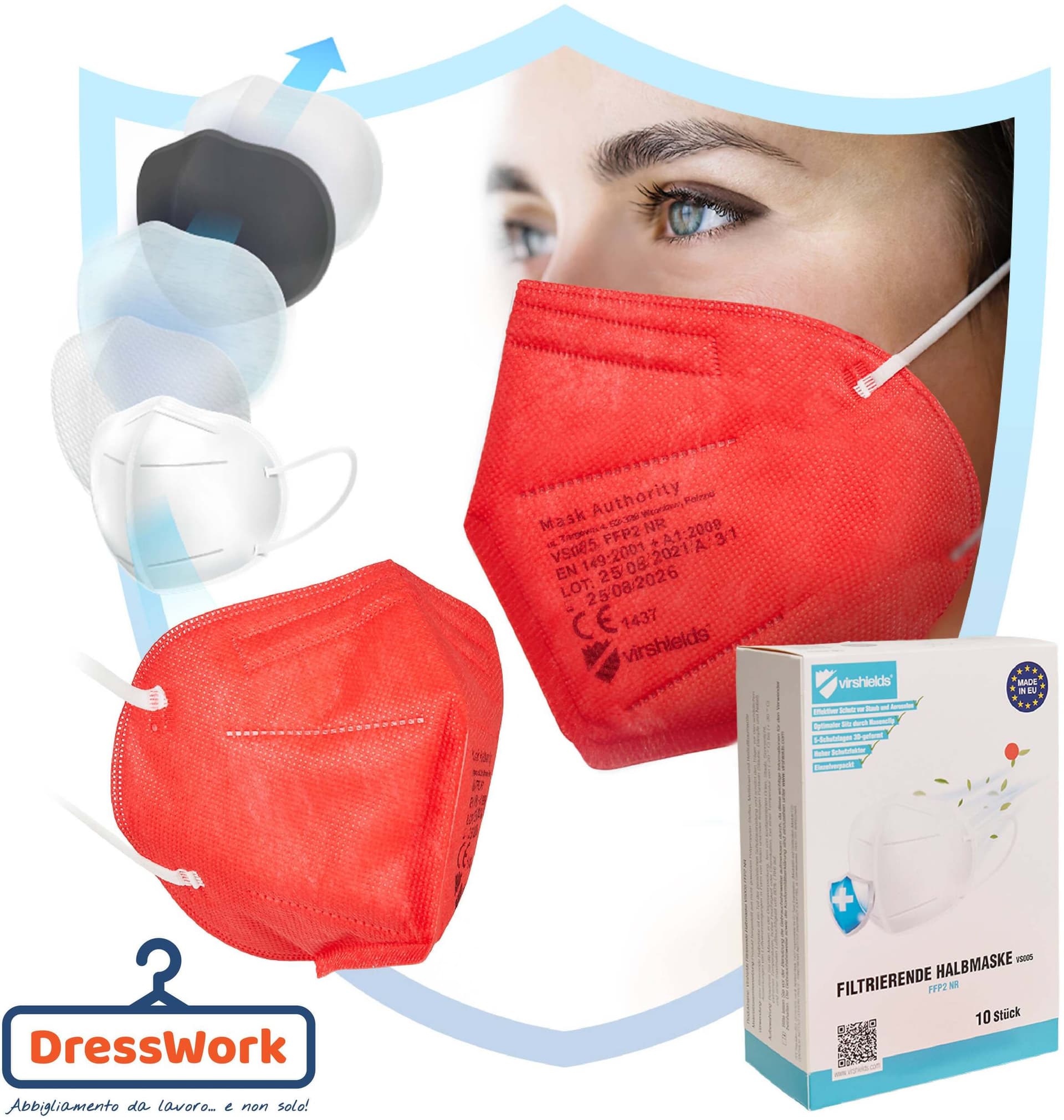 10x Mascherine FFP2 Rosse CE1463 Mascherina FFP2 Rossa Prodotta in Europa Virshields 5 strati Certificata colore Rosso € 0,79 cad Spedizione Gratuita in Mascherine a coppa Dresswork - Como, commercioVirtuoso.it