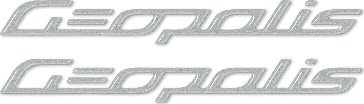2-ADESIVI-GEL-3D-COPPIA-SCRITTE-argento-GEOPOLIS-per-scooter-compatibili-PEUGEOT