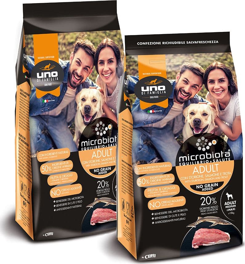 UNO DI FAMIGLIA MICROBIOTA ADULT MEDIUM MAXI STORIONE SALMONE in Digestivi Petbestchoice - Loreo, commercioVirtuoso.it
