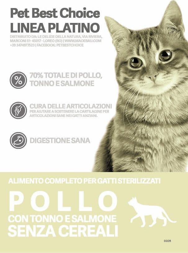 Linea Platino grainfree alto contenuto in carne Sterilizzato Pollo,Tonno Salmone in Secco Petbestchoice - Loreo, commercioVirtuoso.it