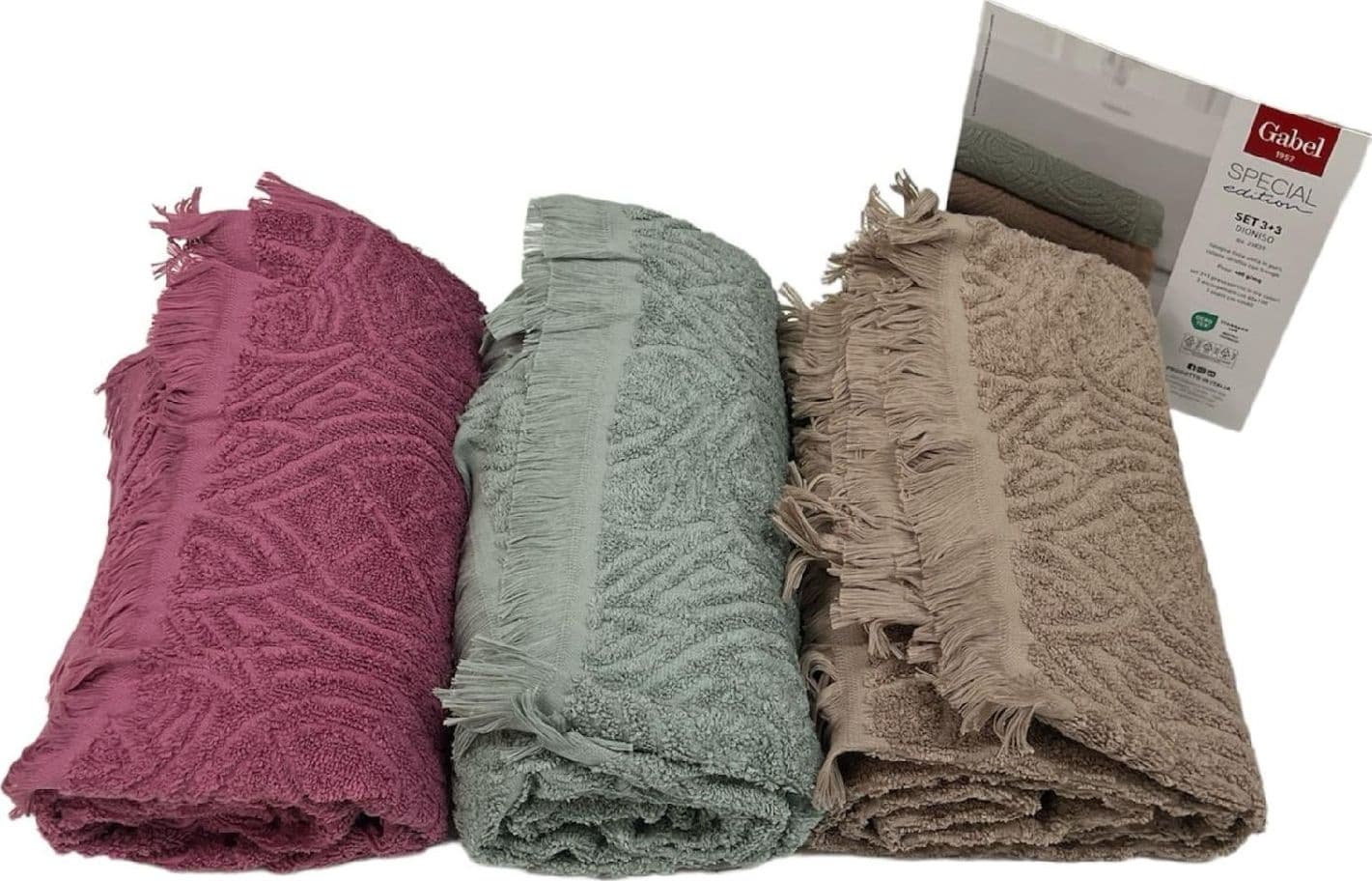 3-asciugamani-cm-60x100-e-3-ospiti-cm-40×60-in-tre-colori-di-spugna-tinta-unita-in-puro-cotone-idrofilo-con-frange-peso-400-g/mq-Gabel-prodotto-in-Italia