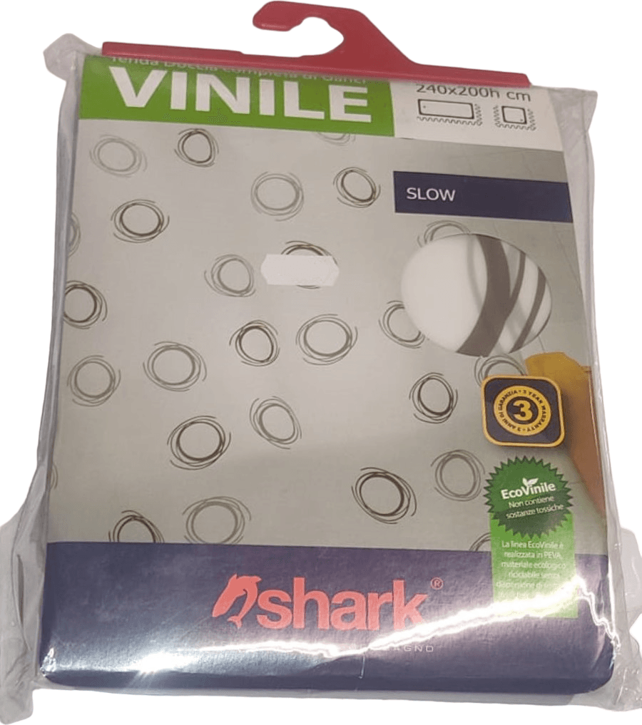 SHARK - TENDA DA DOCCIA COMPLETA DI GANCI IN VINILE LINEA "SLOW" 240x200h cm - COLORE BIANCO CON DECORAZIONI MARRONI