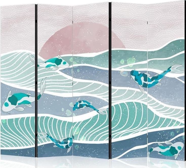 Paravento - Picturesque Landscape With Fish - Sunset And Koi Fish in Shades of Turquoise And Blue Floating Above The Wat in Paraventi Collezione Casa - Trebisacce, commercioVirtuoso.it
