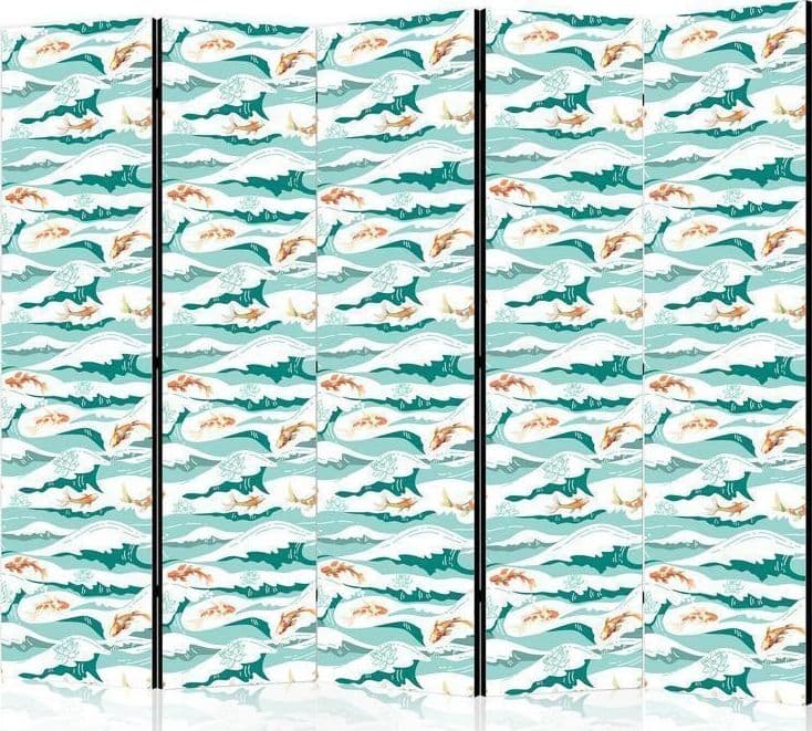 Paravento - Fish Jumping Above The Waves - Oriental Fish And Water Lilies Among High Waves in Shades of Sea Green in Paraventi Collezione Casa - Trebisacce, commercioVirtuoso.it