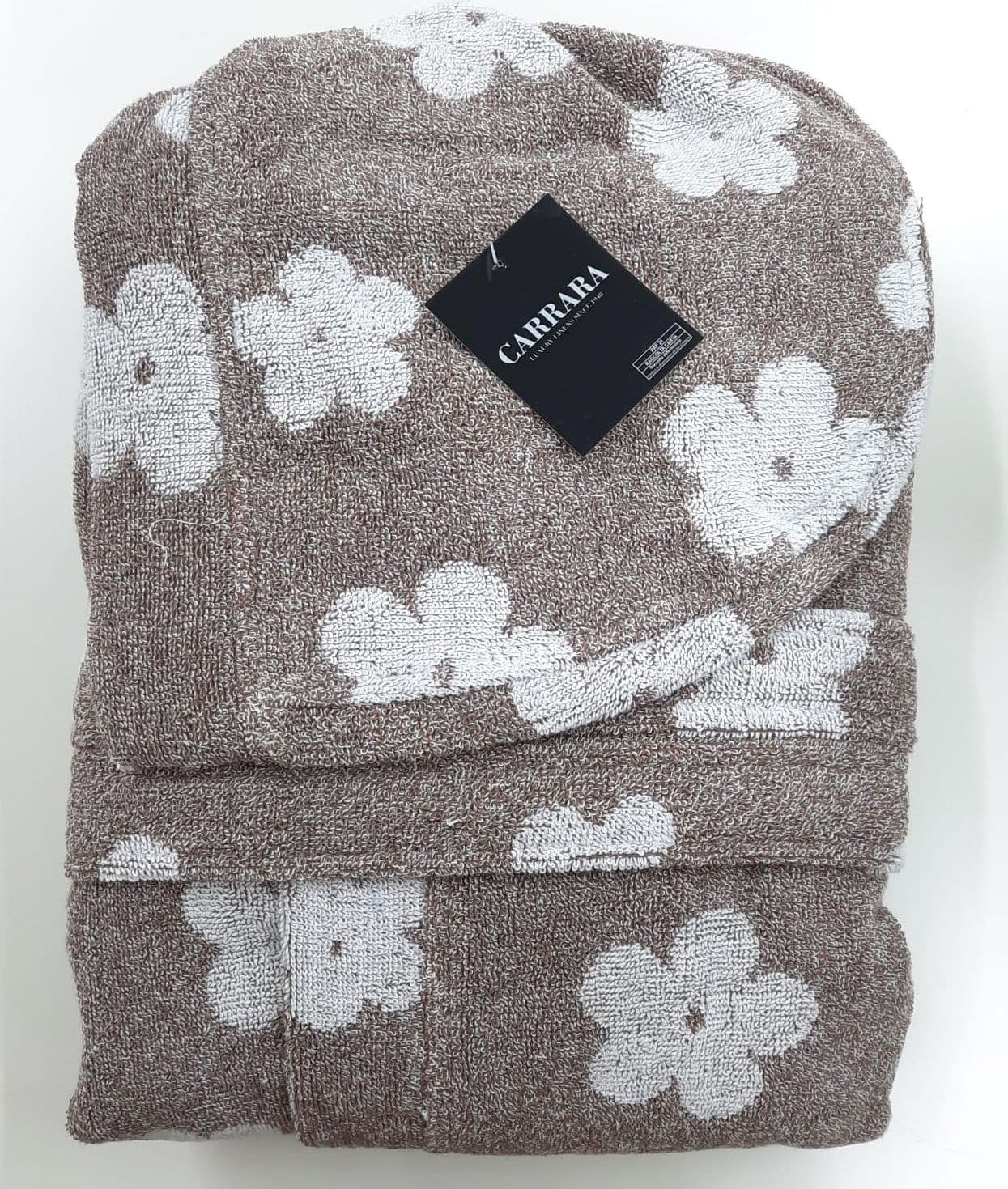 Accappatoio Paris S/M Mirabello Carrara in spugna 410 gr/mq, 100% cotone, con cappuccio, tasche e cintura, stile raffinato, Made in Italy.