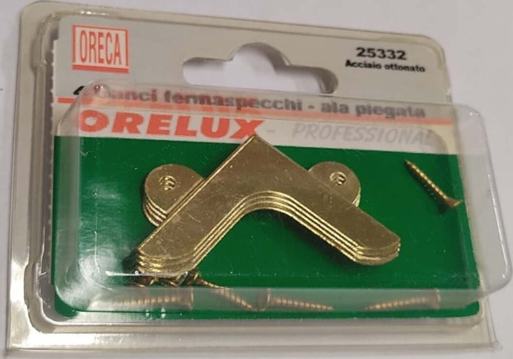 4-PEZZI---GANCI-FERMASPECCHI-AD-ANGOLO-CON-ALA-PIEGATA---PER-SPECCHI-DA-4MM---IN-ACCIAIO-OTTONATO---CON-CHIODI