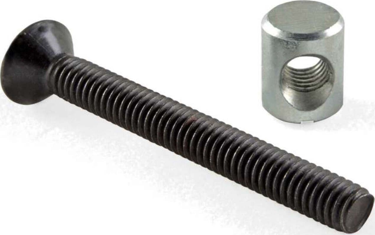 4-PEZZI---GIUNZIONE-A-BARILOTTO-PER-MOBILI---VITE-CON-TESTA-PIANA-SVASATA-IN-ACCIAIO-BRUNITO-6x50MM---ESAGONO-INCASSATO-E-RONDELLA