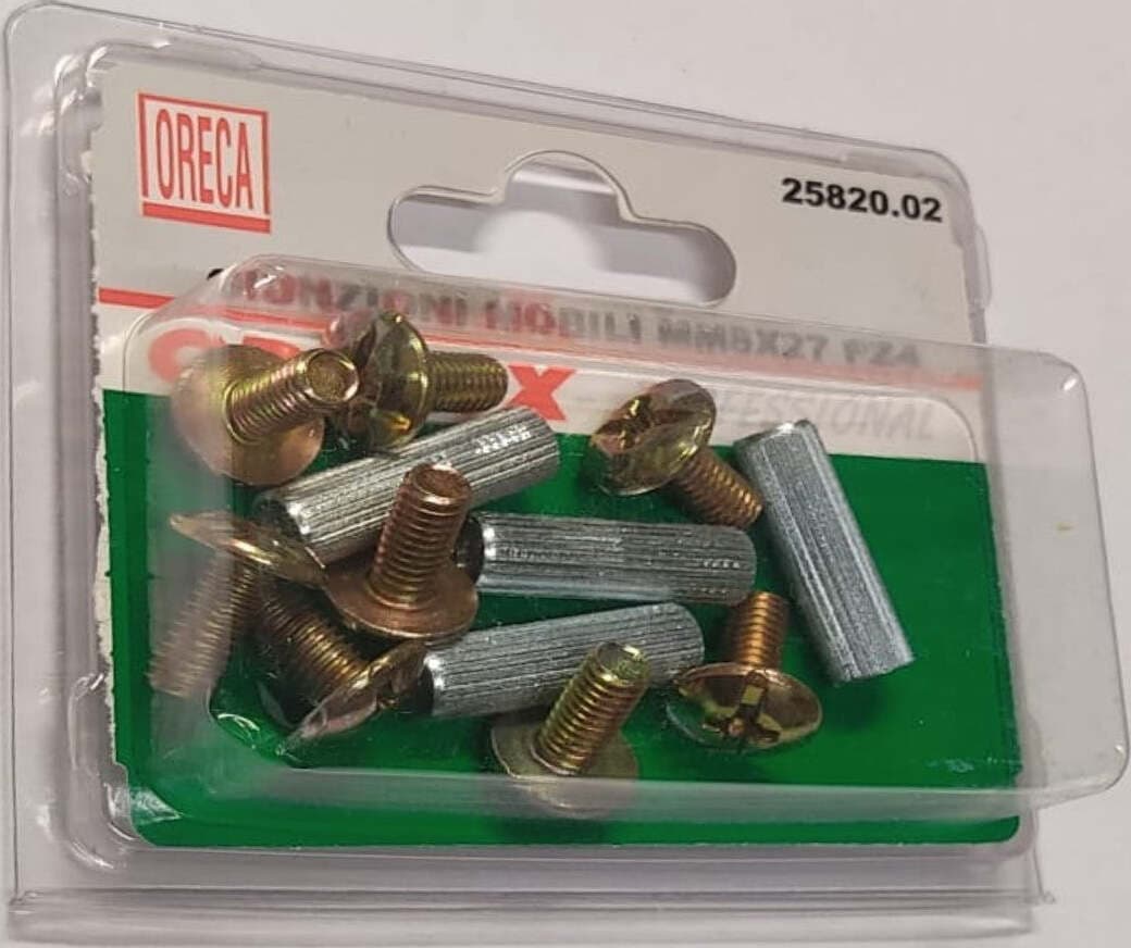 4-PEZZI---GIUNZIONI-PER-ASSEMBLAGGIO-MOBILI-8x27MM---TESTA-FERRO-OTTONATO