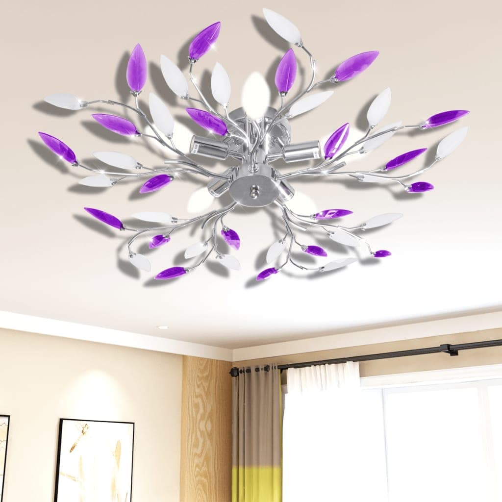 Lampada Lampadario da Soffitto Bianco e Viola in Cristalli e Foglie Acrilici 5 E14 in Plafoniere Esplodia - Napoli, commercioVirtuoso.it
