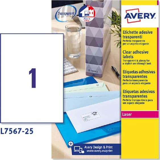 Poliestere Adesivo L7567 Trasparente 25Fg A4 210X297Mm (1Et/Fg Laser Avery in Etichette multifunzione Il Centro - Jesi, commercioVirtuoso.it