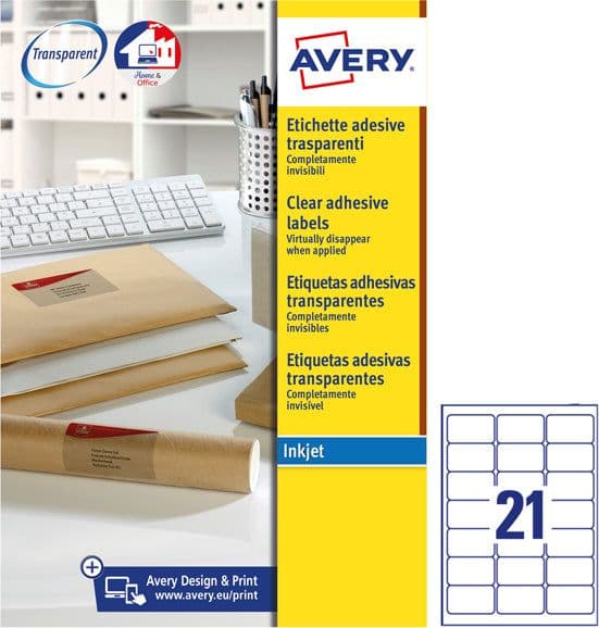 Poliestere Adesivo J8560 Trasparente 25Fg A4 63,5X38,1Mm (21Et/Fg Inkjet Avery in Carta per stampanti a getto d'inchiostro Il Centro - Jesi, commercioVirtuoso.it