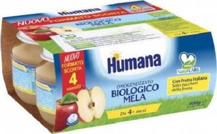 4x Humana Frutta Mela 100gr Omogeneizzato alla Mela Omogeneizzati 4 Vasetti da 100gr. Cad. 100% Bio