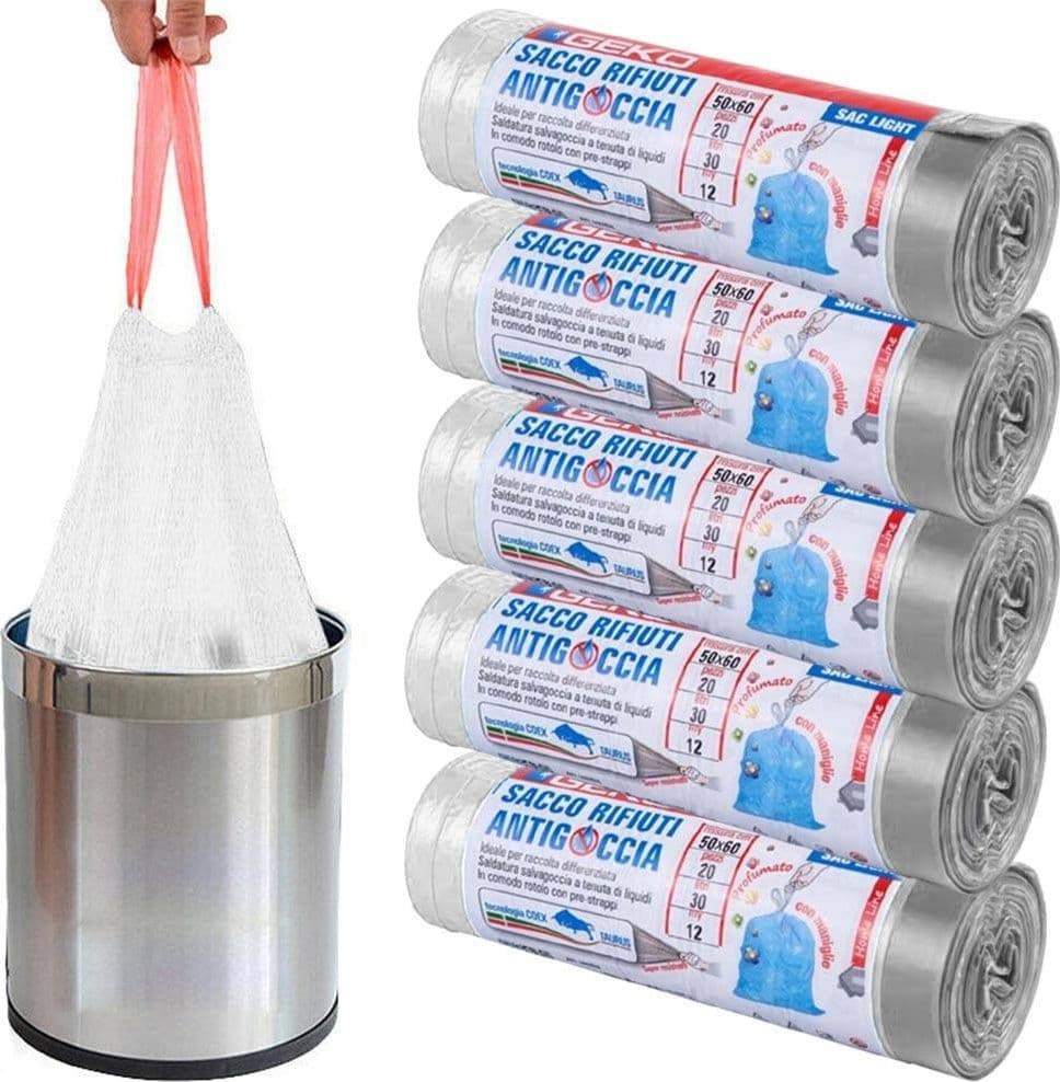 5-Rotoli-Sacchetti-Buste-Spazzatura-Profumati-30lt-50x60-Con-Manici-Bianco-100pz