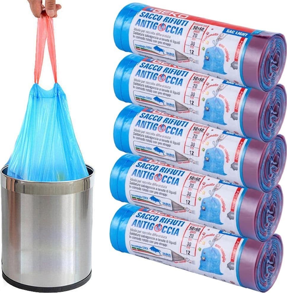 5 ROTOLI SACCHETTI BUSTE SPAZZATURA PROFUMATI 30LT 50X60CM CON MANICI BLU 100PZ