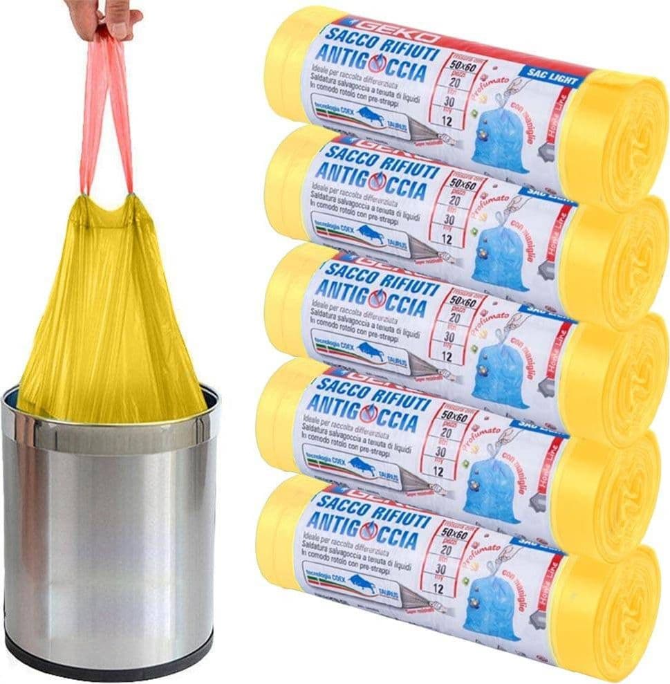 5 ROTOLI SACCHETTI BUSTE SPAZZATURA PROFUMATI 45LT 50X60 CON MANICI GIALLO 100PZ