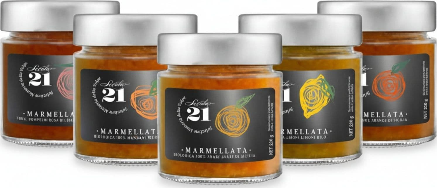 5 Vasetti Marmellata artigianale SECOLO21 marmellata Solo Frutta Degustazione marmellate Vari Gusti 5 x 230 gr in Marmellate e conserve in confezione regalo Azienda Agricola Secolo21 - Noto, commercioVirtuoso.it