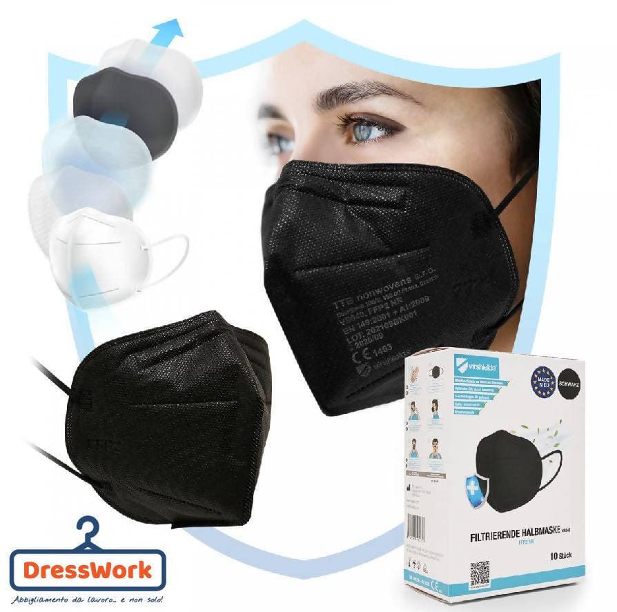 50x Mascherina Nera FFP2 CE1463 Prodotta in Europa Mascherine FFP2 Nere Virshields 5 strati Certificata colore Nero € 0,69 cad Spedizione Gratuita in Mascherine a coppa Dresswork - Como, commercioVirtuoso.it