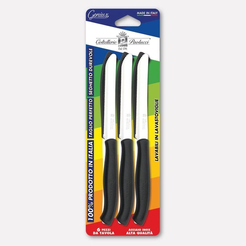 Conf da 6 coltelli da tavola con manico nero, lama inox seghettata 11 cm in Autocategorizzazione Più Di Più Ideas - Casalnuovo di Napoli, commercioVirtuoso.it