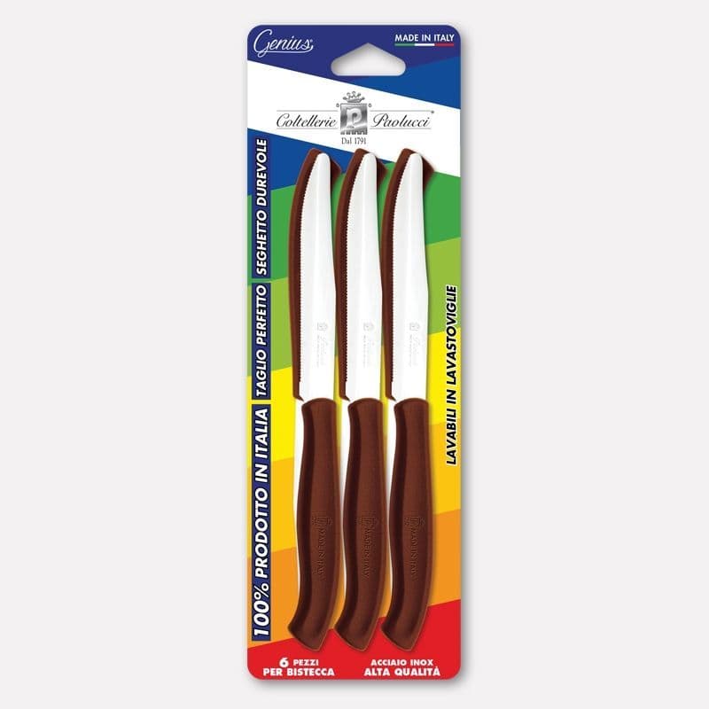 Conf da 6 coltelli bistecca con manico marrone, lama inox seghettata 11 cm in Autocategorizzazione Più Di Più Ideas - Casalnuovo di Napoli, commercioVirtuoso.it