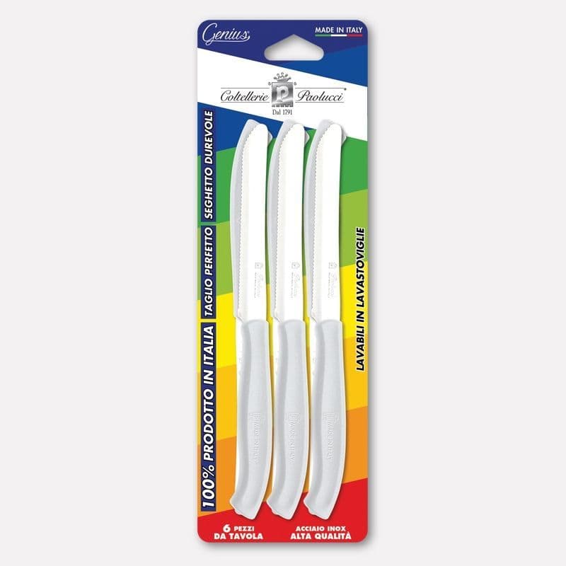 Conf 6 coltelli da tavola con manico bianco, lama inox seghettata 11 cm in Autocategorizzazione Più Di Più Ideas - Casalnuovo di Napoli, commercioVirtuoso.it