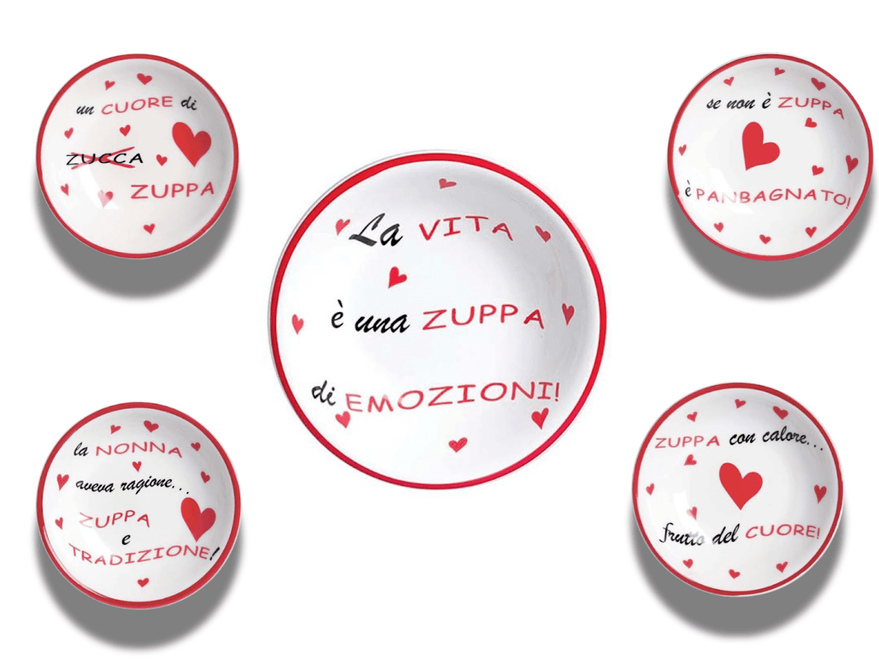 Set quattro piatti fondi per zuppa 20 cm con scritte + insalatiera 27 cm con scritta in Autocategorizzazione Più Di Più Ideas - Casalnuovo di Napoli, commercioVirtuoso.it