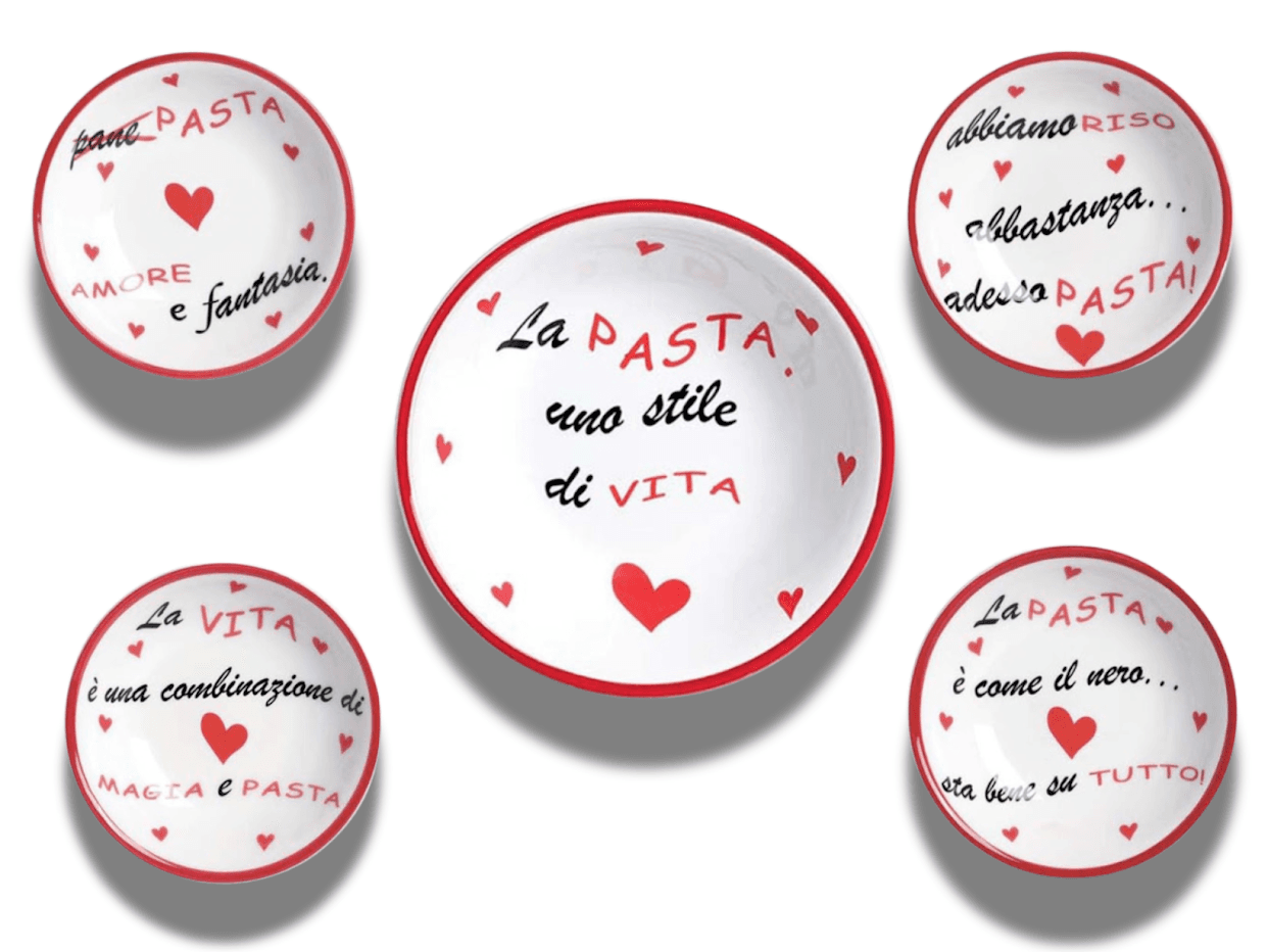 Set quattro piatti fondi per pasta 20 cm con scritte + insalatiera 27 cm con scritta in Autocategorizzazione Più Di Più Ideas - Casalnuovo di Napoli, commercioVirtuoso.it