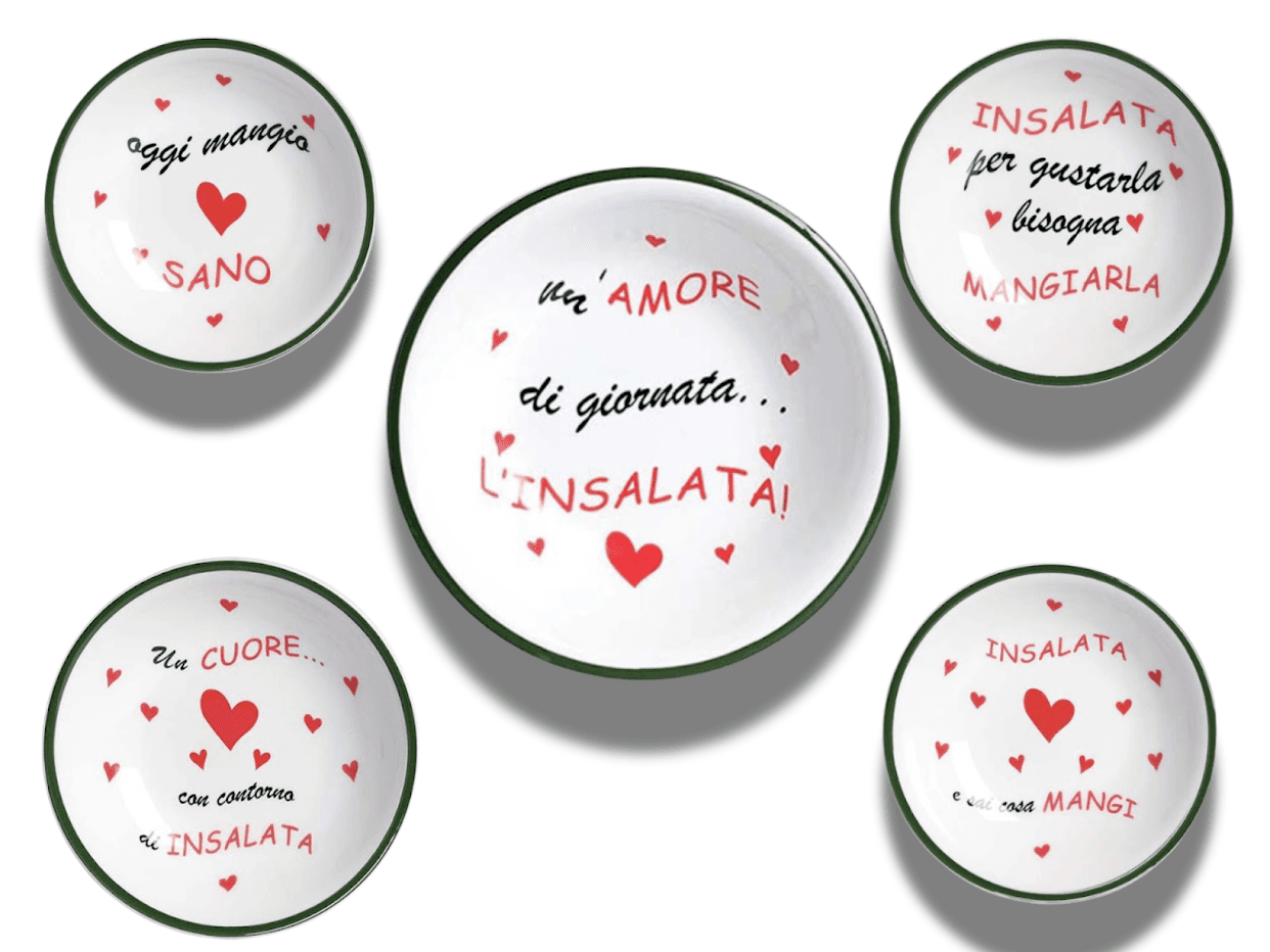 Set quattro piatti fondi per insalata 20 cm con scritte + insalatiera 27 cm con scritta in Autocategorizzazione Più Di Più Ideas - Casalnuovo di Napoli, commercioVirtuoso.it