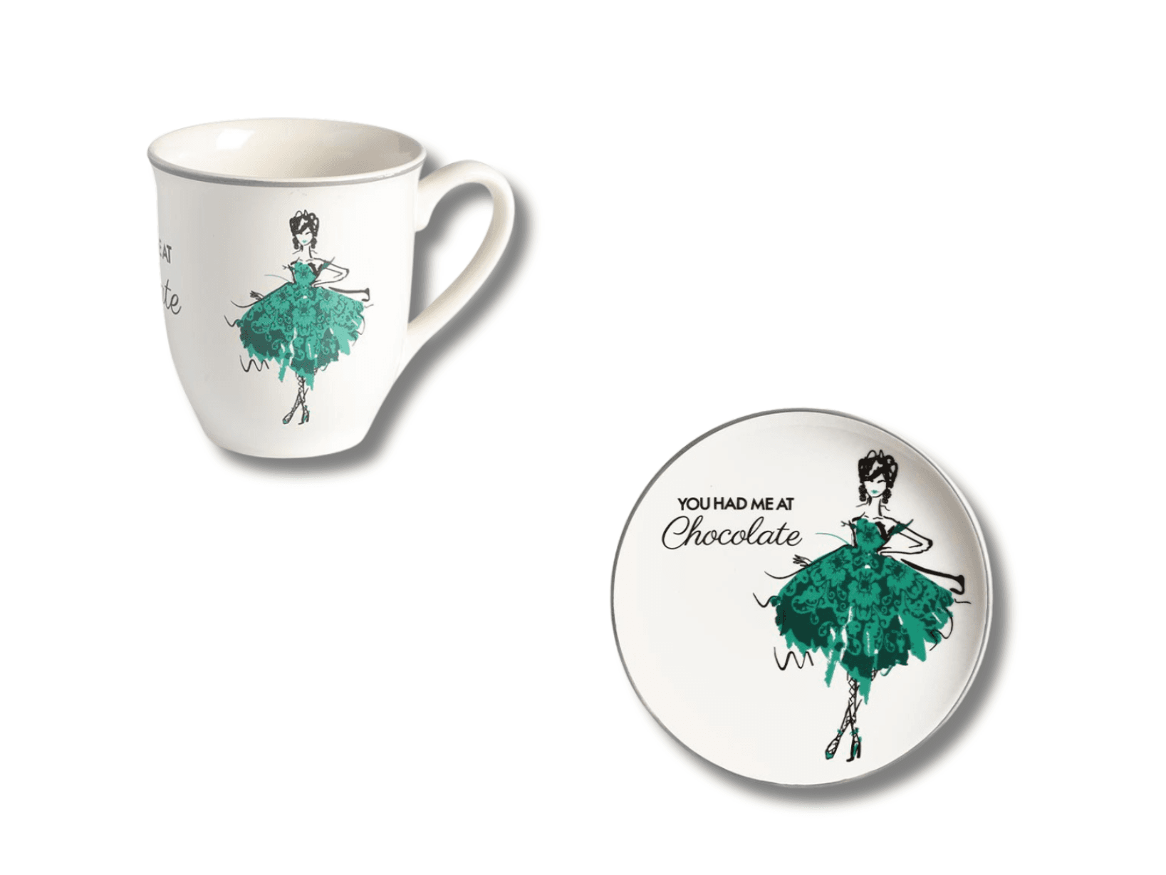 Set Mug e piatto dolce 22 cm ballerina vestito verde you hade me at chocolate in Autocategorizzazione Più Di Più Ideas - Casalnuovo di Napoli, commercioVirtuoso.it