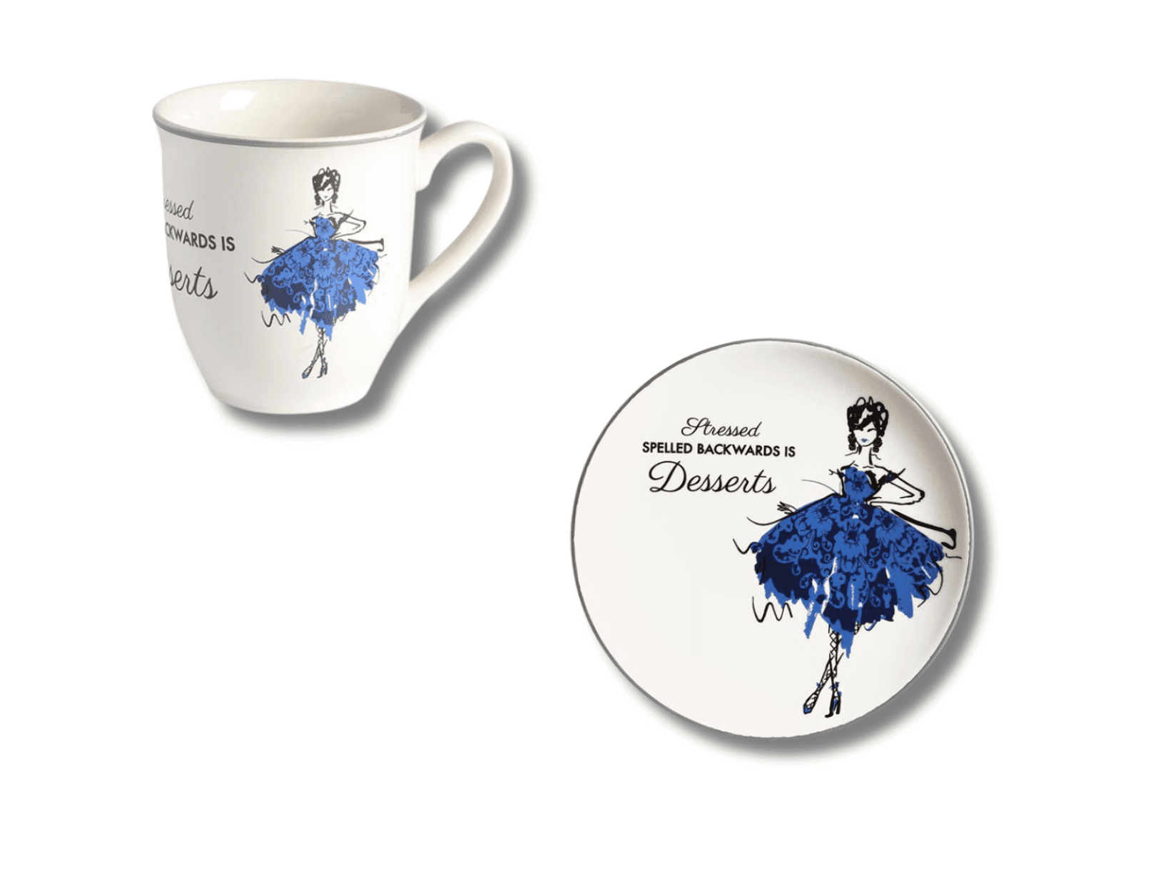 Set Mug e piatto dolce 22 cm ballerina vestito blu stressed spelled backwards is dessert in Autocategorizzazione Più Di Più Ideas - Casalnuovo di Napoli, commercioVirtuoso.it