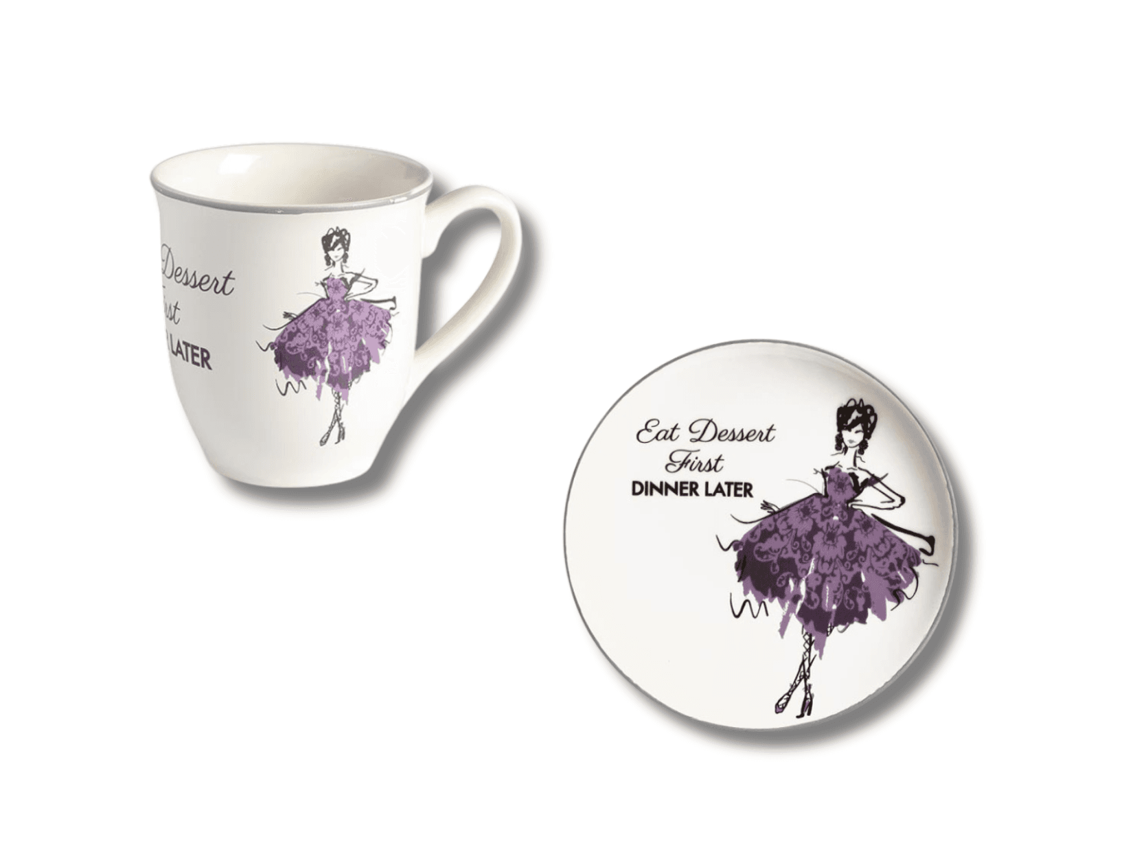 Set Mug e piatto dolce 22 cm ballerina vestito viola eat dessert first dinner late in Autocategorizzazione Più Di Più Ideas - Casalnuovo di Napoli, commercioVirtuoso.it