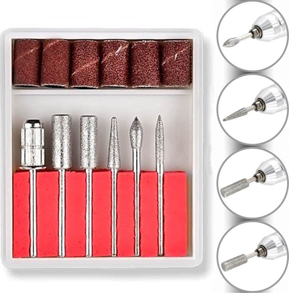 6 PUNTE KIT SET FRESA FRESATRICE NAIL ART UNGHIE CILINDRI ABRASIVI SCOVOLINI
