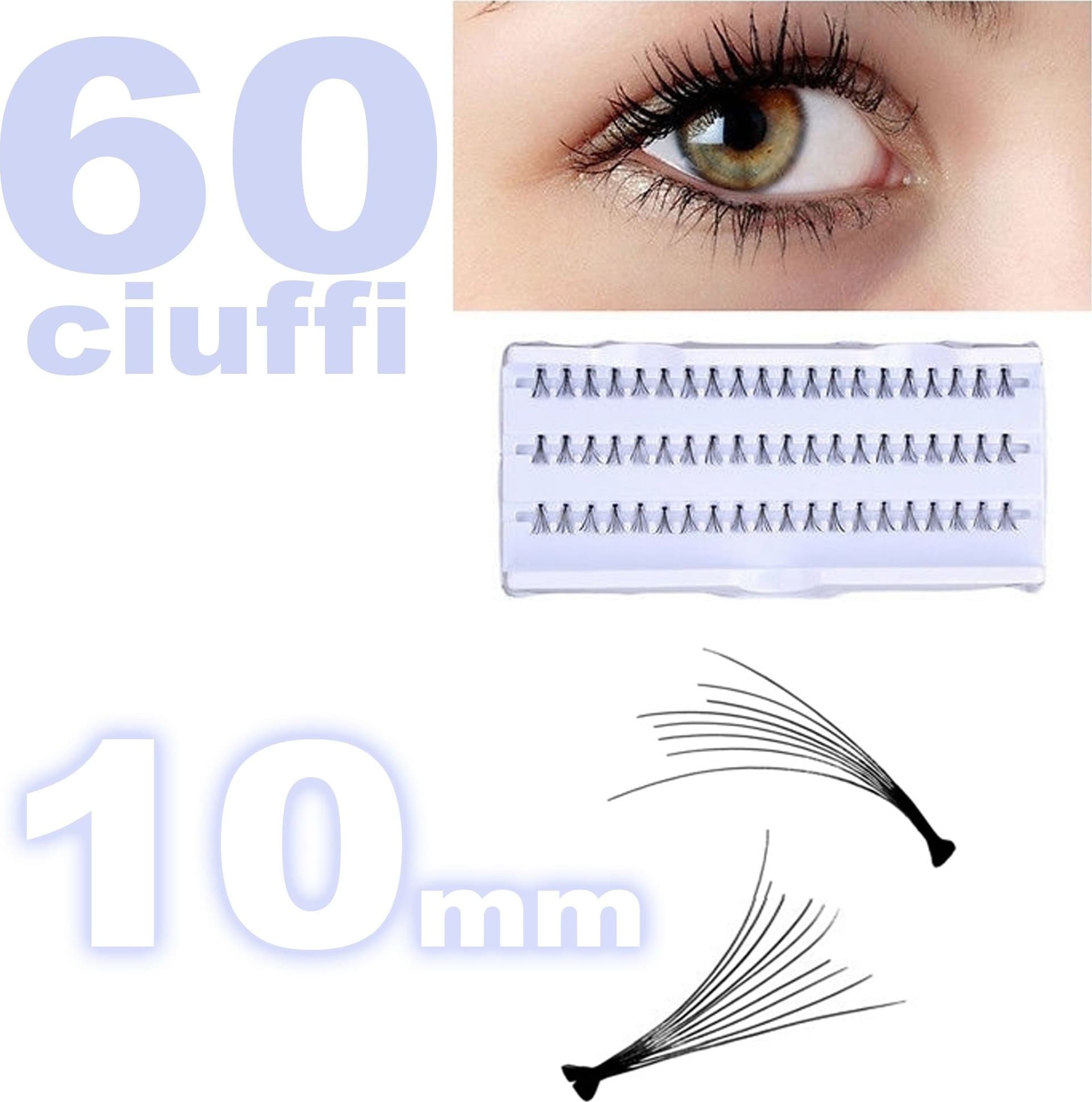 60 CIUFFI CIGLIA FINTE 10MM NERO PER CIGLIA NATURALI SINGOLE ESTENSIONE MAKE UP