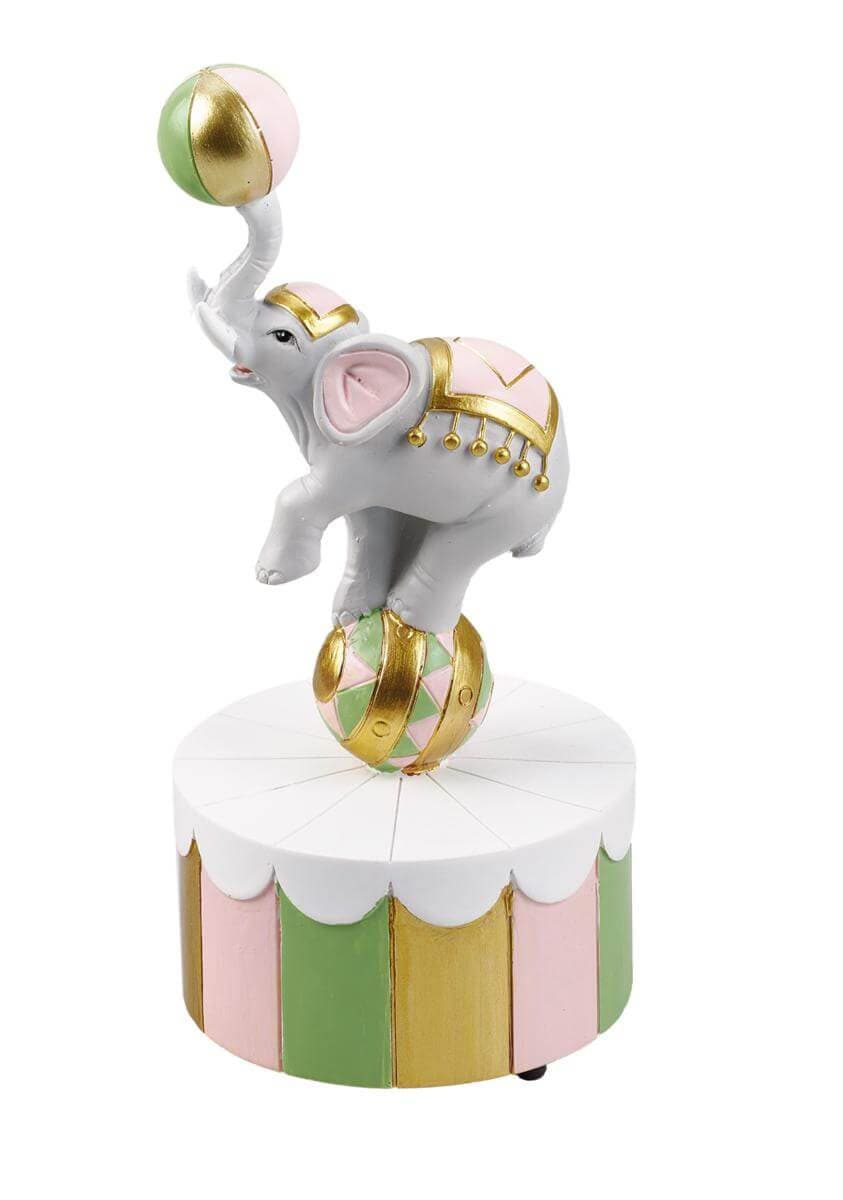 Carillon elefantino giocoliere Girl Special Gifts RB1070S/G, altezza 17,5 cm, diametro 8,5 cm, con scatola regalo, bomboniera nascita o battesimo.