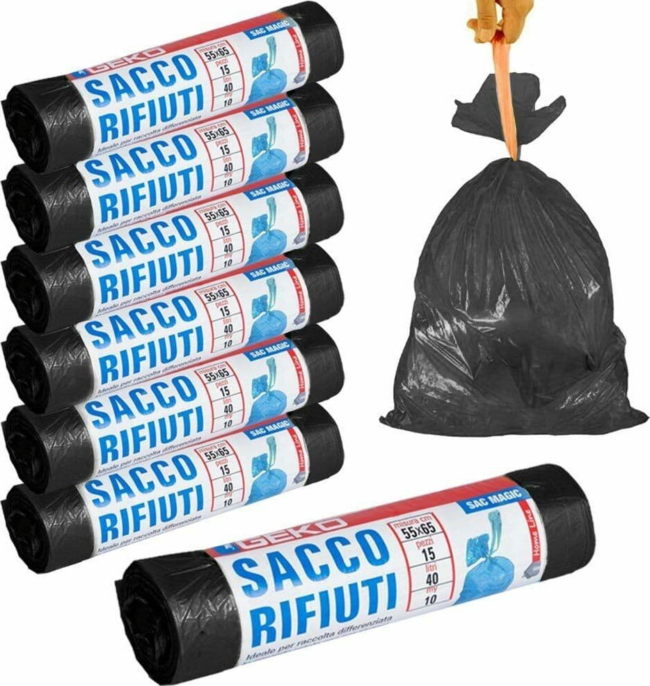 7 X ROTOLI SACCHETTI BUSTE SPAZZATURA 40LT 55X65CM CHIUSURA LACCETTO NERO 105PZ