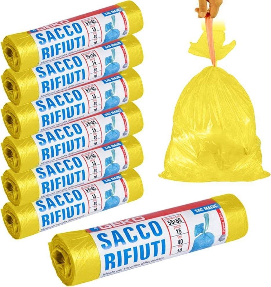 7X ROTOLI SACCHETTI BUSTE SPAZZATURA 40LT 55X65CM CHIUSURA LACCETTO GIALLO 105PZ