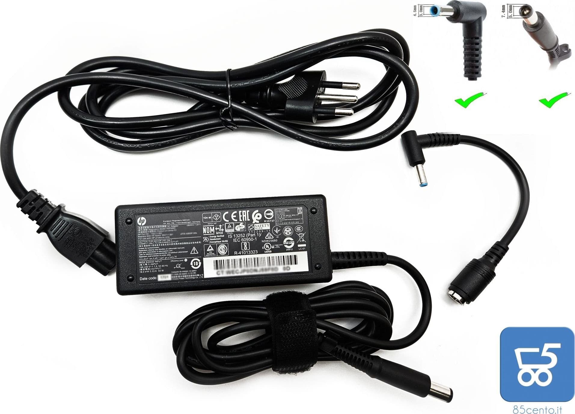 Alimentatore Originale HP per Notebook Laptop Tiny 65W 19,5 V 3,33A con cavo di alimentazione Italiano + Adattatore da 7,4x5mm a 4,5x3mm - EX DEMO in 85cento.it - Potenza, commercioVirtuoso.it