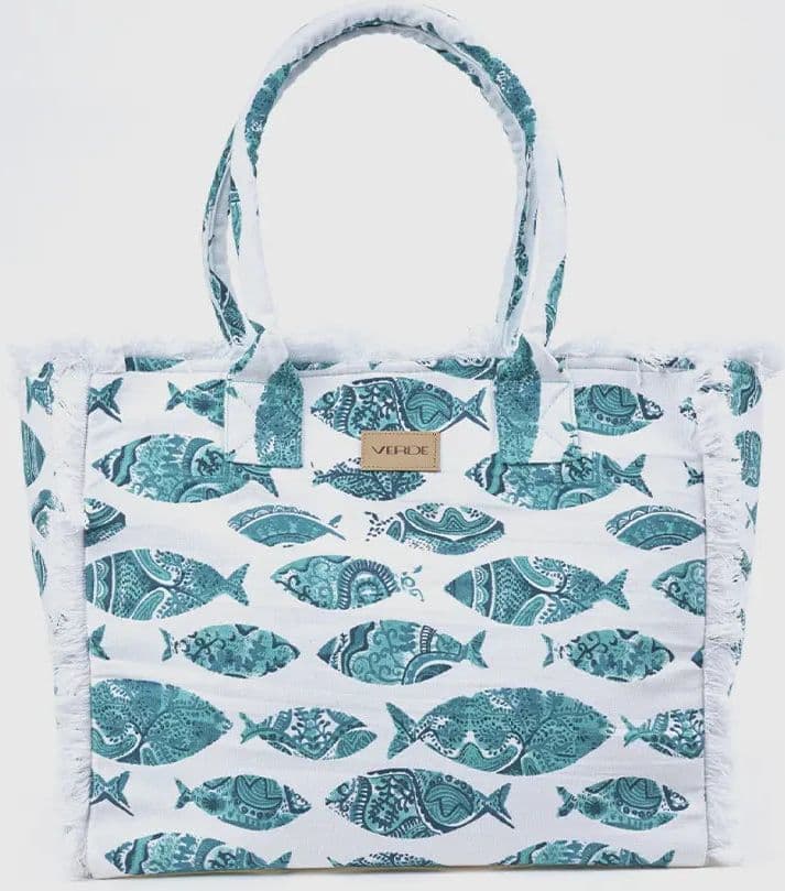 Borsa mare in cotone stampa pesci | Verde Fashion in prodotto You Store - Messina, commercioVirtuoso.it