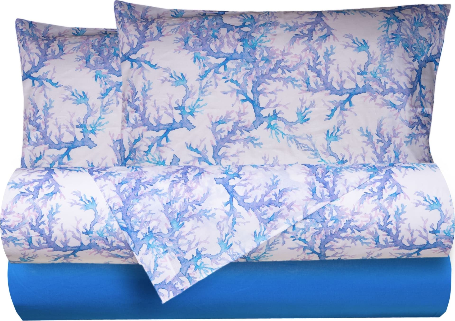 Completo letto lenzuola federe bifaccia double face stampa digitale in cotone made in italy CORALLI ACQUARELLO / BLUETTE in Set di lenzuola e federe Vanita di raso - Sesto San Giovanni, commercioVirtuoso.it