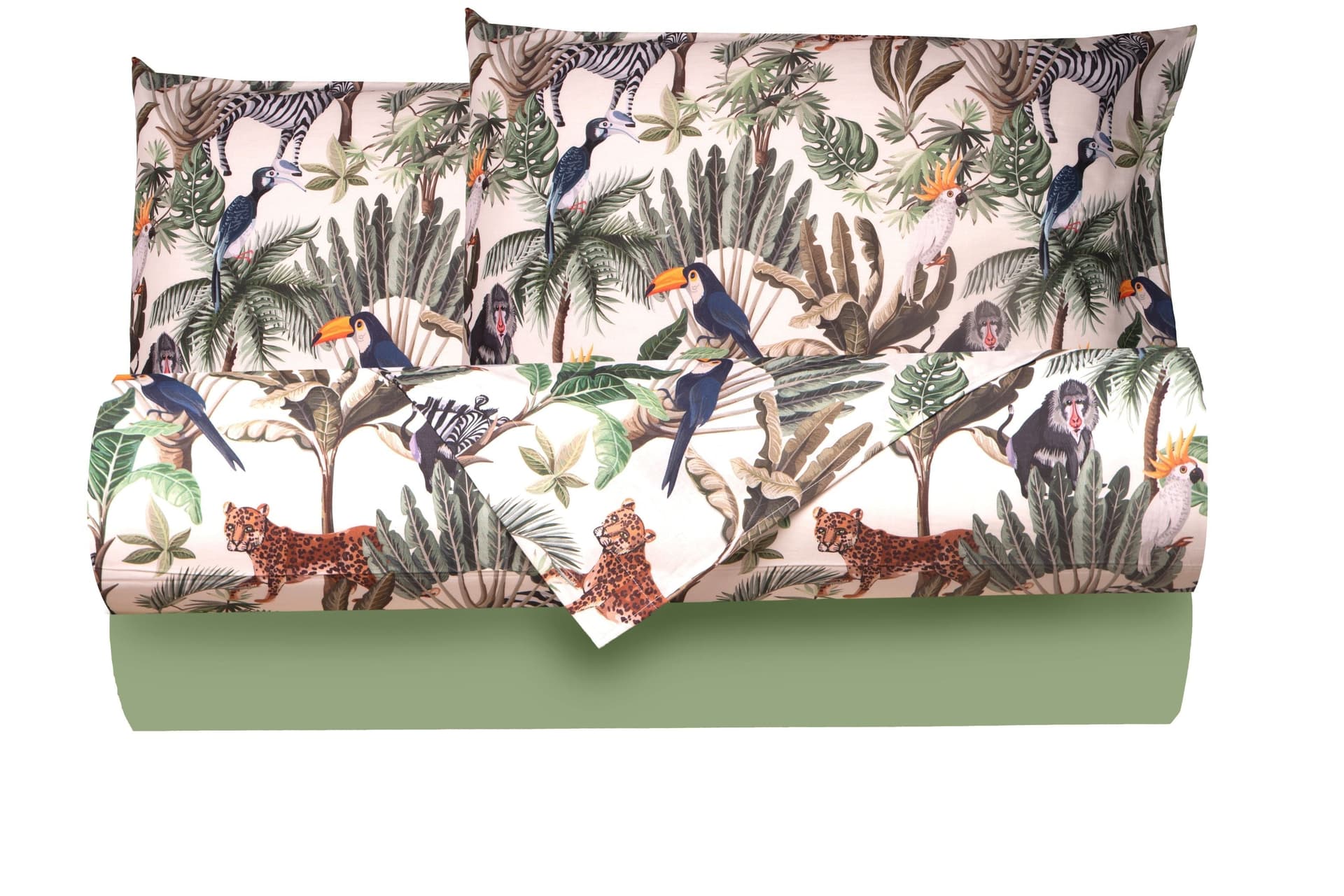 Completo letto lenzuola federe bifaccia double face stampa digitale in cotone made in italy GIUNGLA/SALVIA in Set di lenzuola e federe Vanita di raso - Sesto San Giovanni, commercioVirtuoso.it