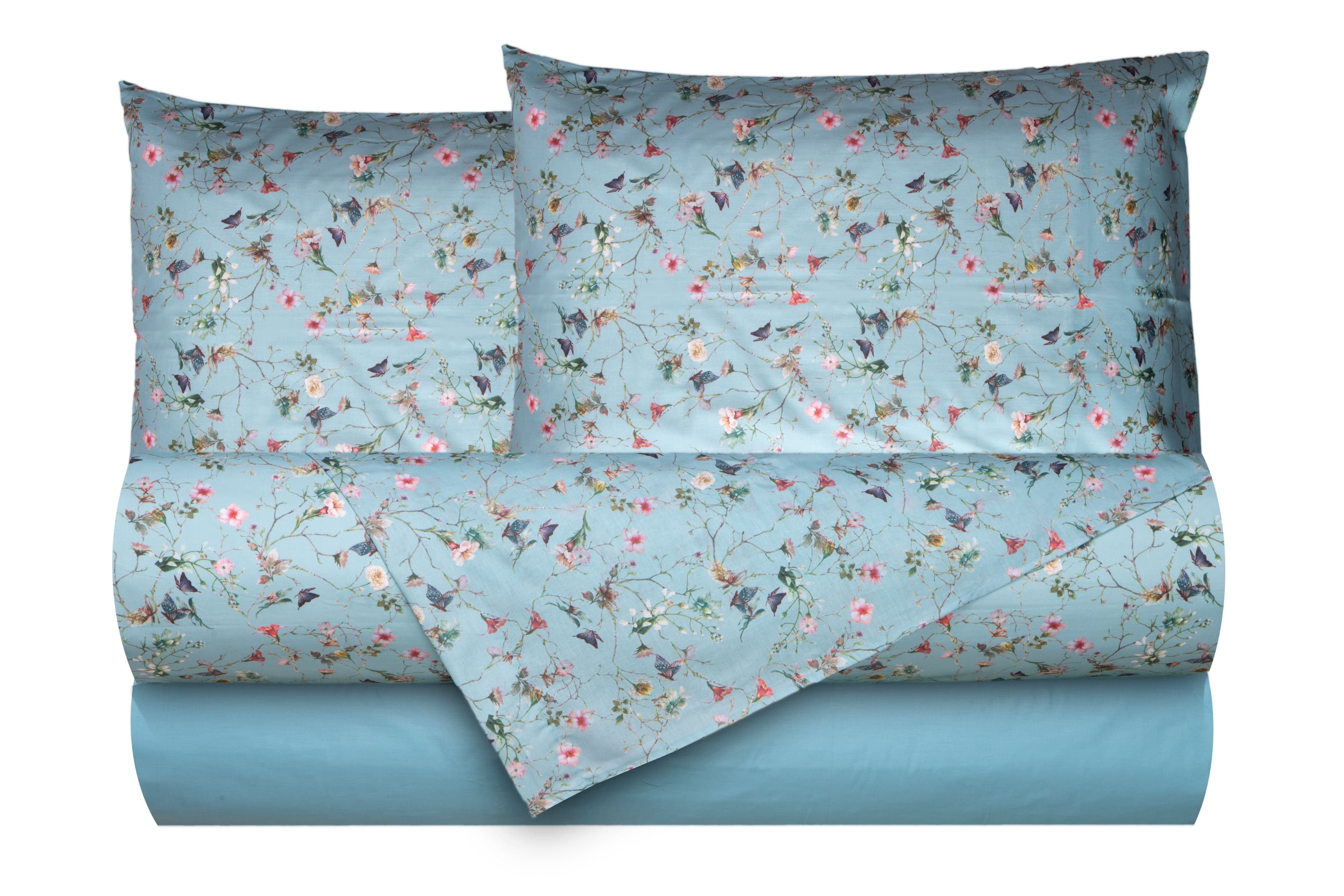 Completo letto lenzuola federe bifaccia double face stampa digitale in cotone made in italy RISVEGLIO DI PRIMAVERA/AZZURRO in Set di lenzuola e federe Vanita di raso - Sesto San Giovanni, commercioVirtuoso.it