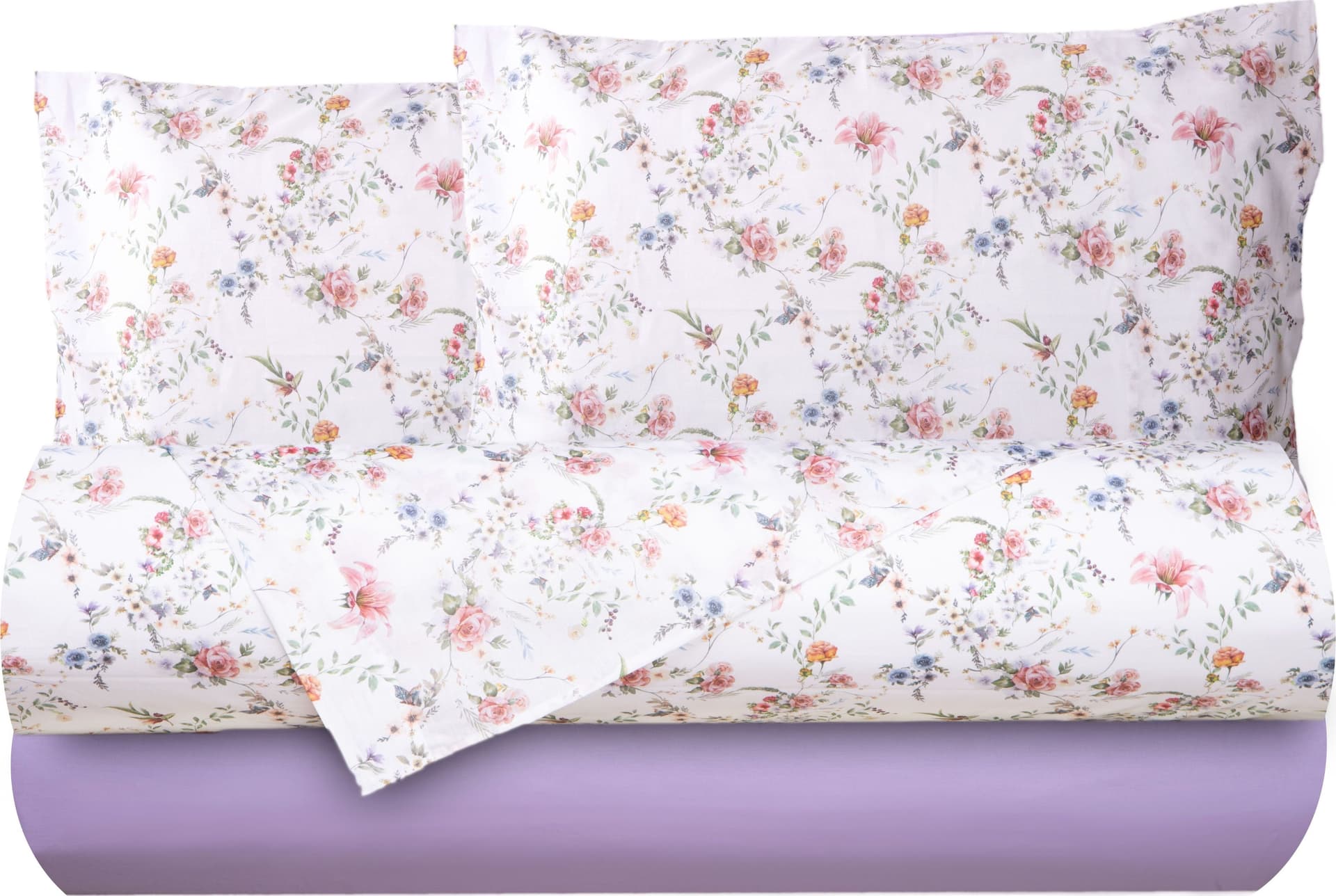 Completo letto lenzuola federe bifaccia double face stampa digitale in cotone made in italy SOTTOBOSCO/LILLA in Set di lenzuola e federe Vanita di raso - Sesto San Giovanni, commercioVirtuoso.it