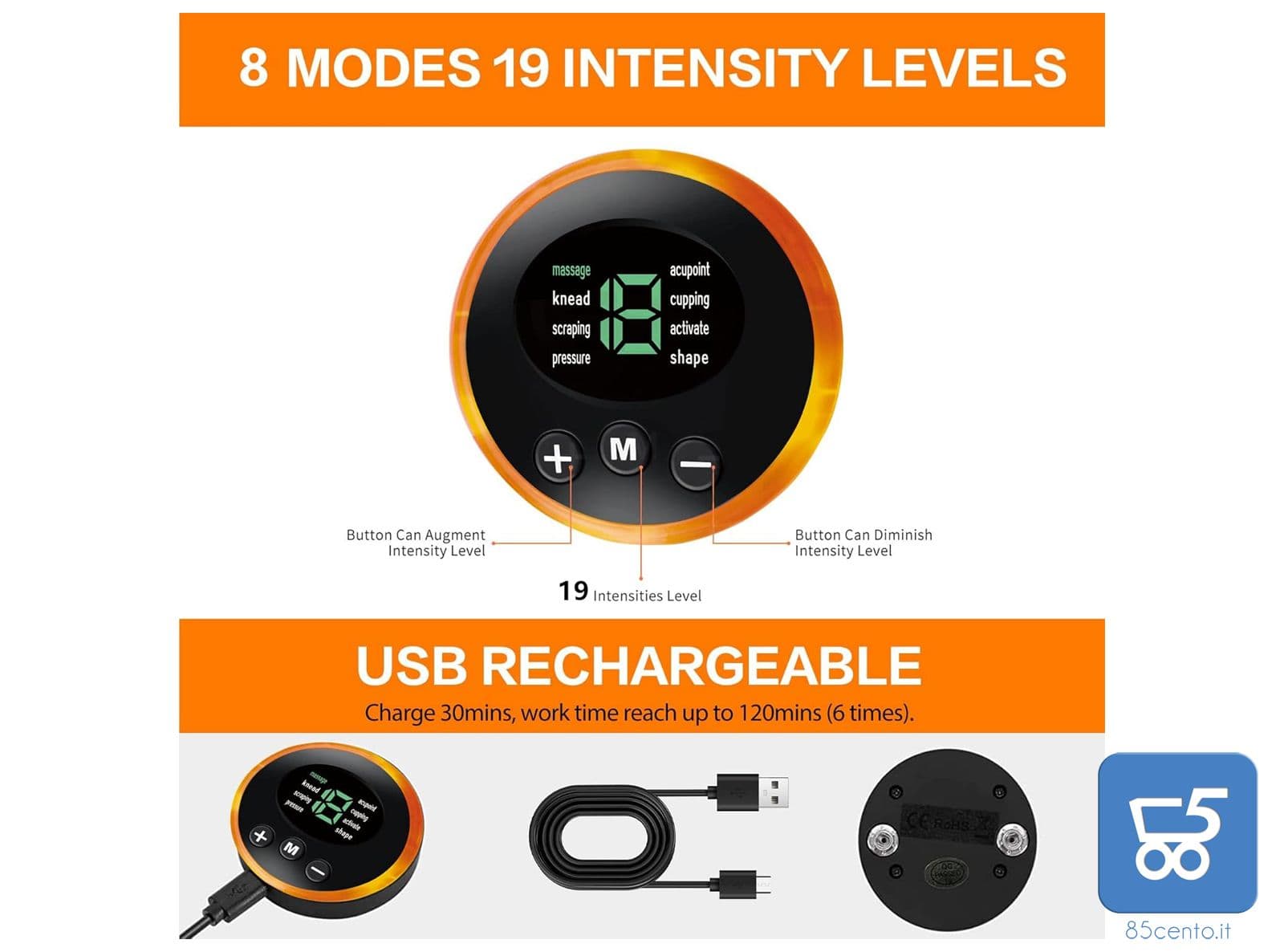 Elettrostimolatore di Ricambio per Sistemi EMS 8 Modalità 19 Intensità coon Cavo USB di Ricarica in Accessori per stimolatori muscoli e nervi 85cento.it - Potenza, commercioVirtuoso.it