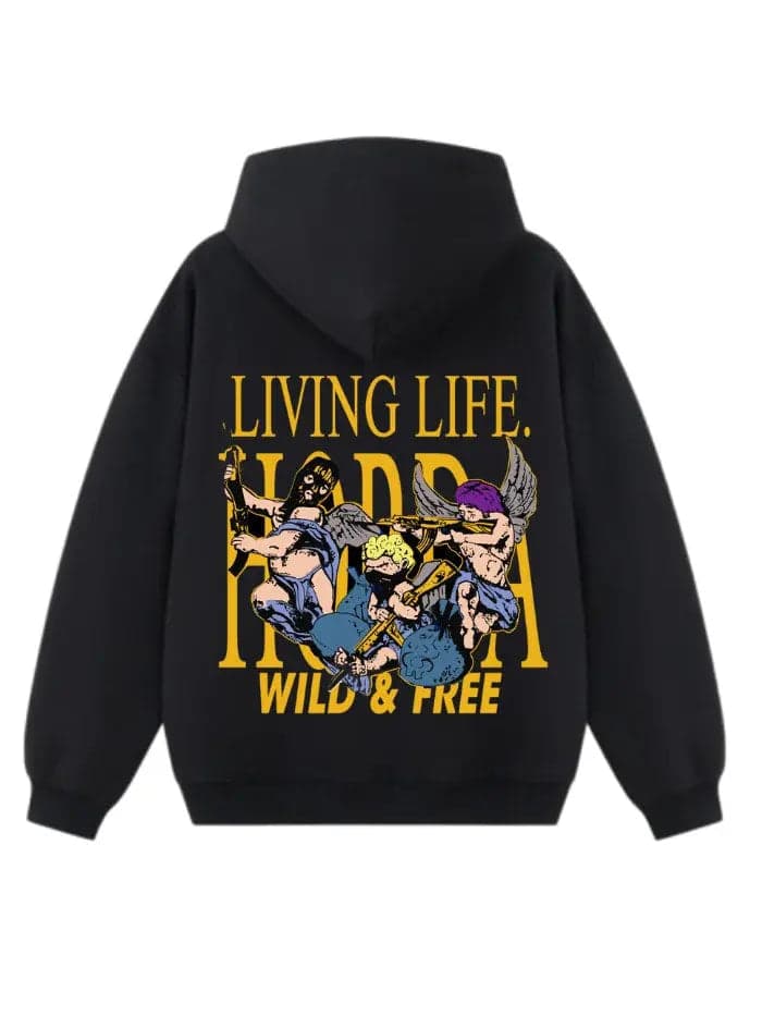 Felpa con cappuccio nera 100% cotone Boxy Fit Wild & Free Horda Brand Streetwear