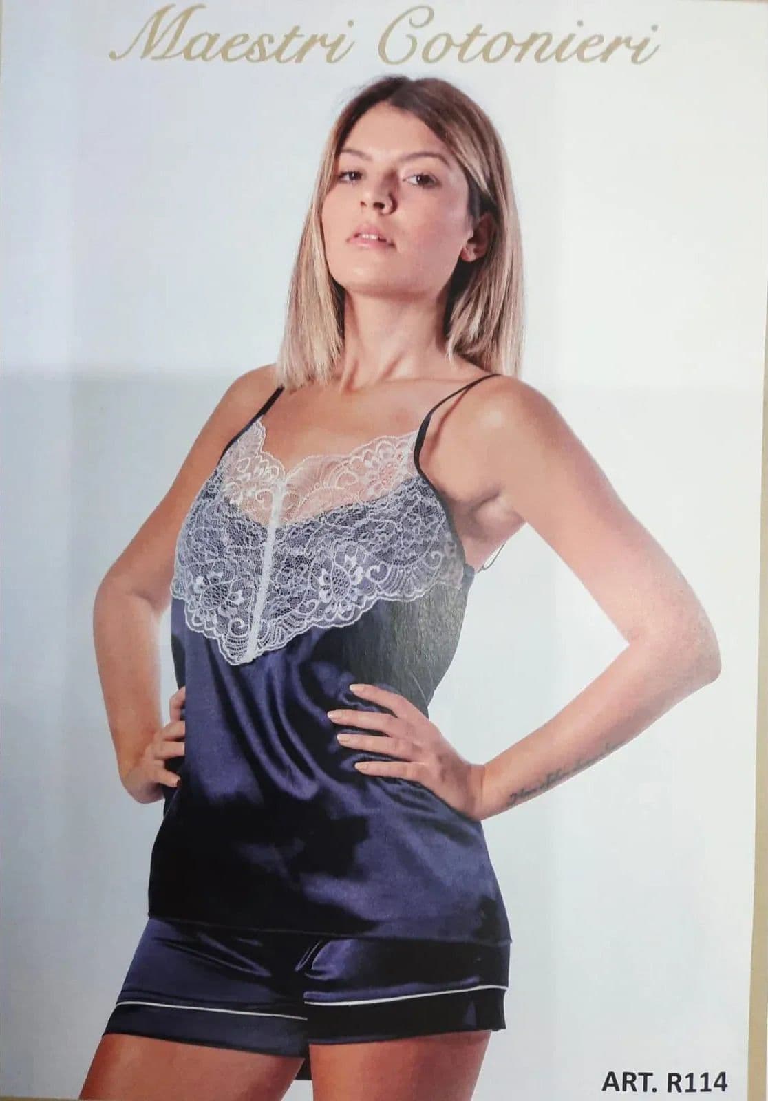 Baby Doll Maestri Cotonieri R114 in raso di cotone, completo top e culotte, stile elegante e realizzazione italiana