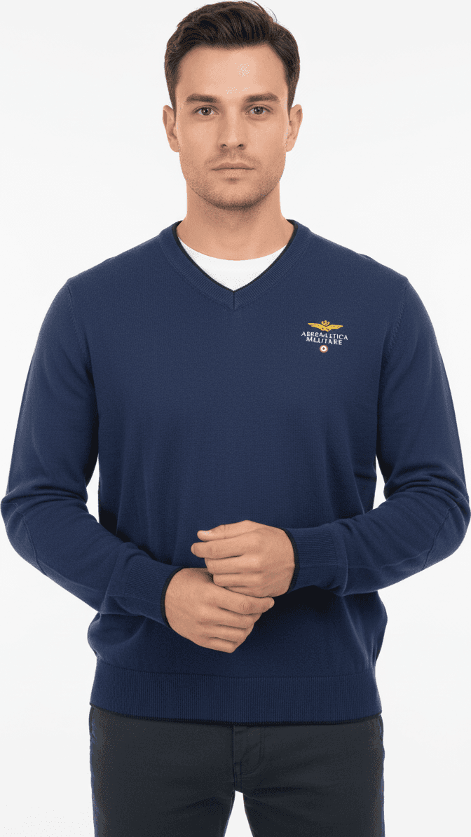 Maglia uomo Aeronautica Militare - Scollo a V toppe in tinta Fregio frontale Blu scuro in Maglioni Couture - Sestu, commercioVirtuoso.it