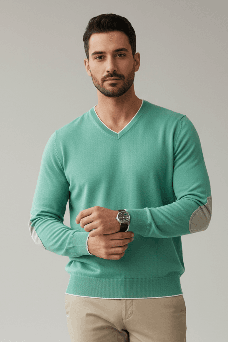 Maglia uomo Gran Sasso - scollo a V 100% Cotone verde acqua Toppe in contrasto Made in Italy in Maglioni Couture - Sestu, commercioVirtuoso.it
