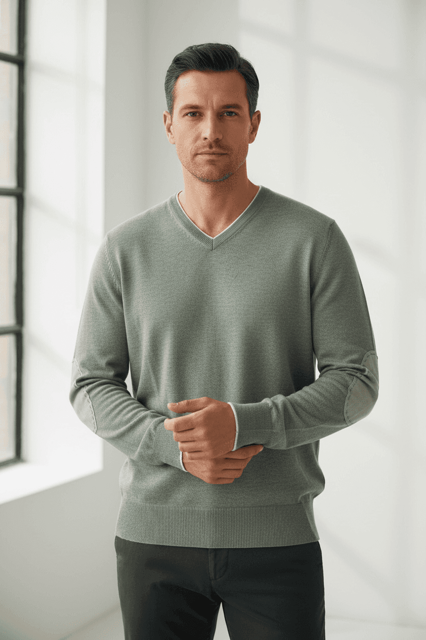 Maglia uomo Gran Sasso - Scollo a V Toppe in contrasto colore grigio Made in Italy in Maglioni Couture - Sestu, commercioVirtuoso.it