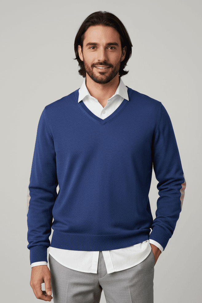 Maglia uomo Paolo Pecora - scollo a V con toppe in contrasto colore Blu notte in Maglioni Couture - Sestu, commercioVirtuoso.it