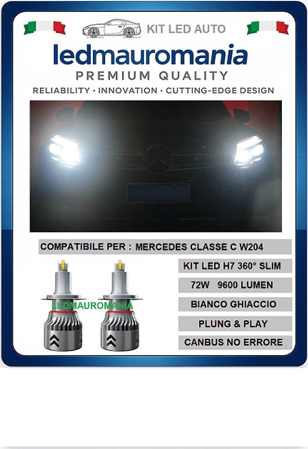 KIT LED MERCEDES CLASSE C W204 H7 FARI LENTICOLARI 360° 72W BIANCO 6000K CANBUS +PORTALAMPADE 04 SPECIFICO in Kit lampadine universali Solgeny - Besate, commercioVirtuoso.it